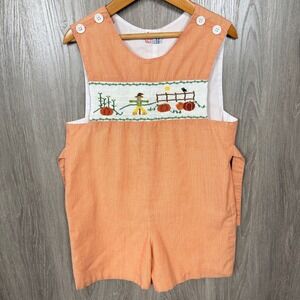 Orient Express Vtg Smocked Jon Jon Boy 5 Orange Fall Scarecrow Pumpkin Romper